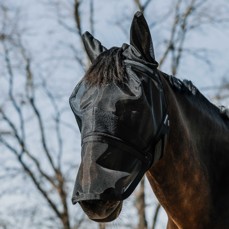 Equithème - Masque anti-mouches et anti-UV 2 en 1 noir | - Ohlala