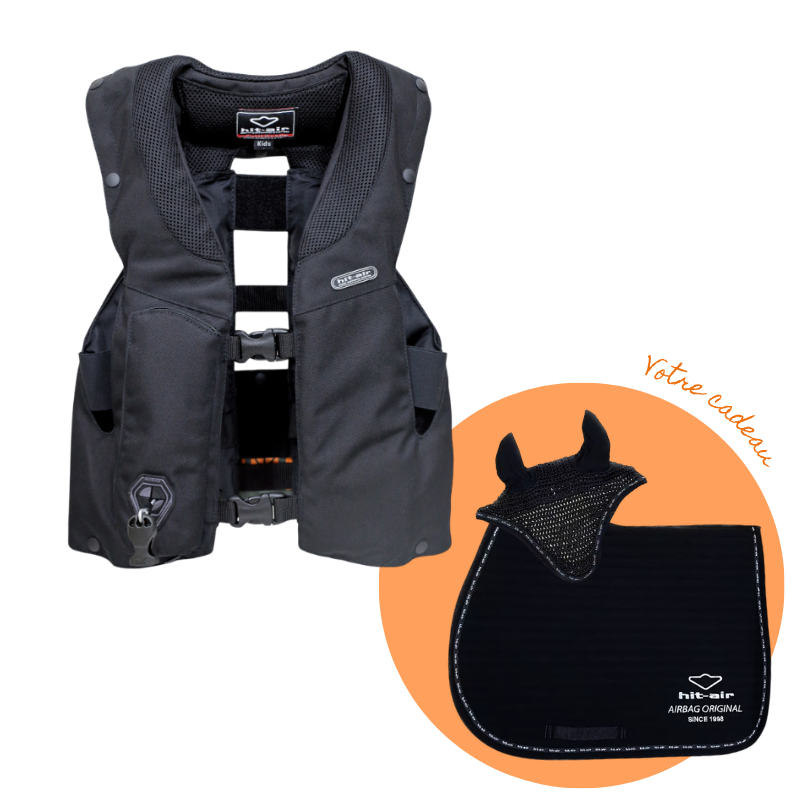 Hit Air - Pack gilet airbag MLV3 enfant noir + tapis de selle et bonnet pour chevaux noir et silver
