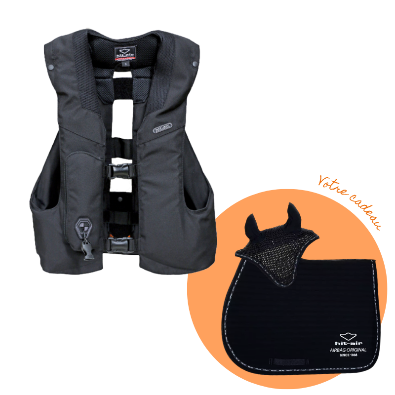 Hit Air - Pack gilet airbag MLV3 noir + tapis de selle et bonnet pour chevaux noir et silver