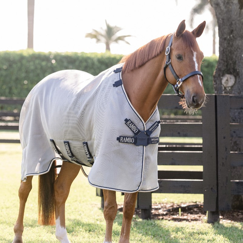 Horseware - Manta antimoscas Rambo Protector Fieldsafe plata / marino / blanco / beige | - Ohlala