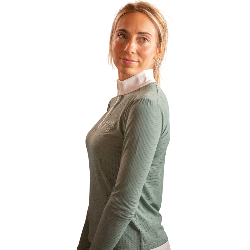 Pénélope - Women's Long Sleeve Polo Bruges Mesh Sage Green