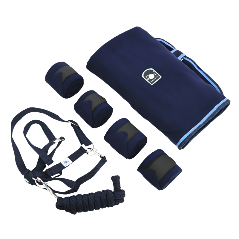 Riding World – Komplettes Set mit Halfter, Polobandagen und Decke in Marineblau | - Ohlala