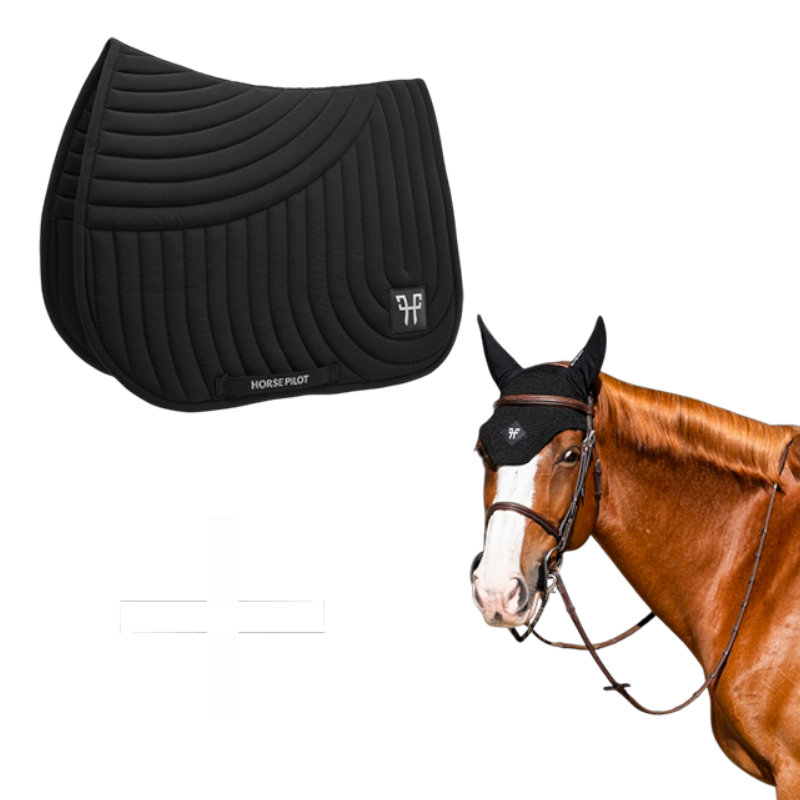 Horse Pilot - Set Ergonomic Schabracke und Fliegenhaube für Pferde schwarz | - Ohlala