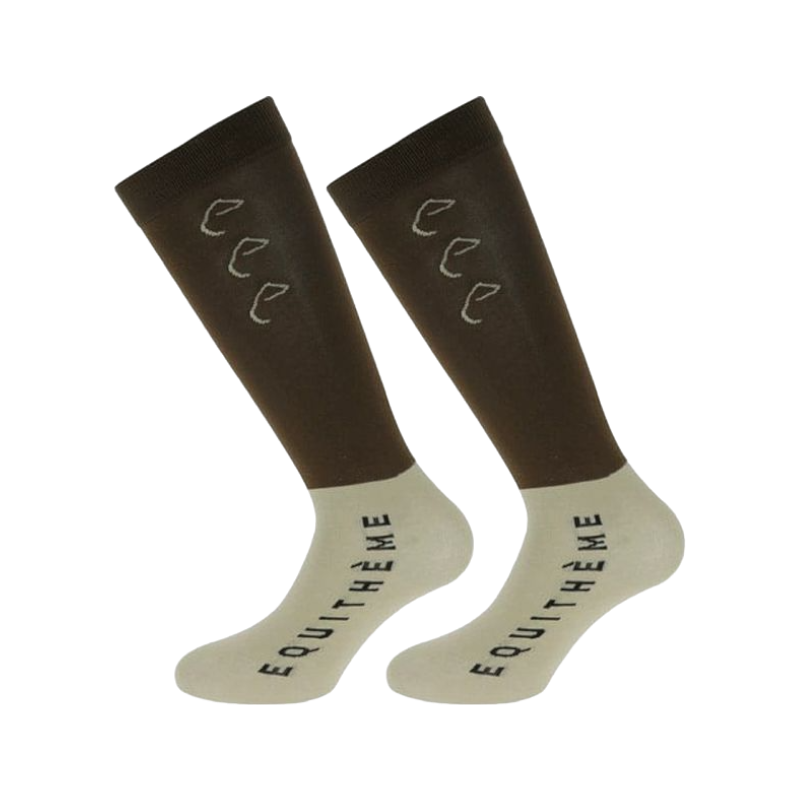 Equithème - Chaussettes d'équitation Compet choco/beige (x2) | - Ohlala