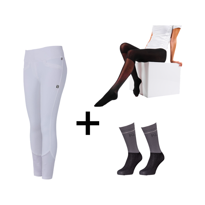 Kingsland - Pack Legging de equitación mujer KLKatja W E-Tec K-Grip blanco + Malla térmica mujer Smart Layer negro + Calcetines de equitación KLVidalia Show pack (x3) de regalo | - Ohlala