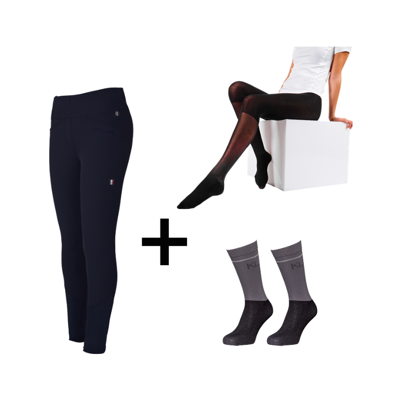 Kingsland - Pack Legging de equitación mujer KLKatja W E-Tec K-Grip marino + Malla térmica mujer Smart Layer negro + Calcetines de equitación KLVidalia Show pack (x3) de regalo | - Ohlala