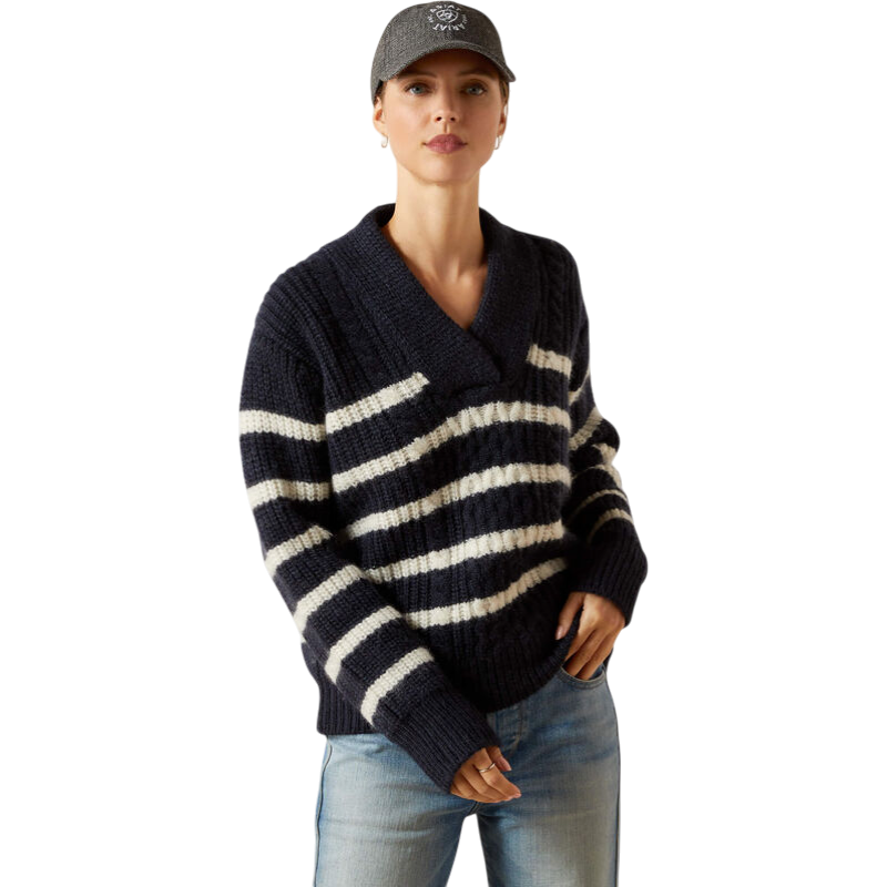 Ariat - Pull col V femme Arley navy cream stripe | - Ohlala