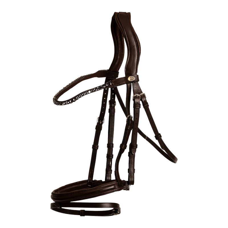Dyon - Bridon muserolle combinée Medium avec frontal à cristaux marron | - Ohlala