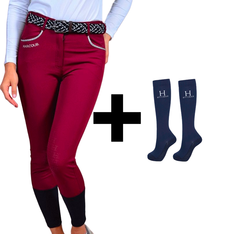 Harcour - Pack pantalon d'équitation femme Jaltika bordeaux + chaussettes d'équitation Hickstead marine