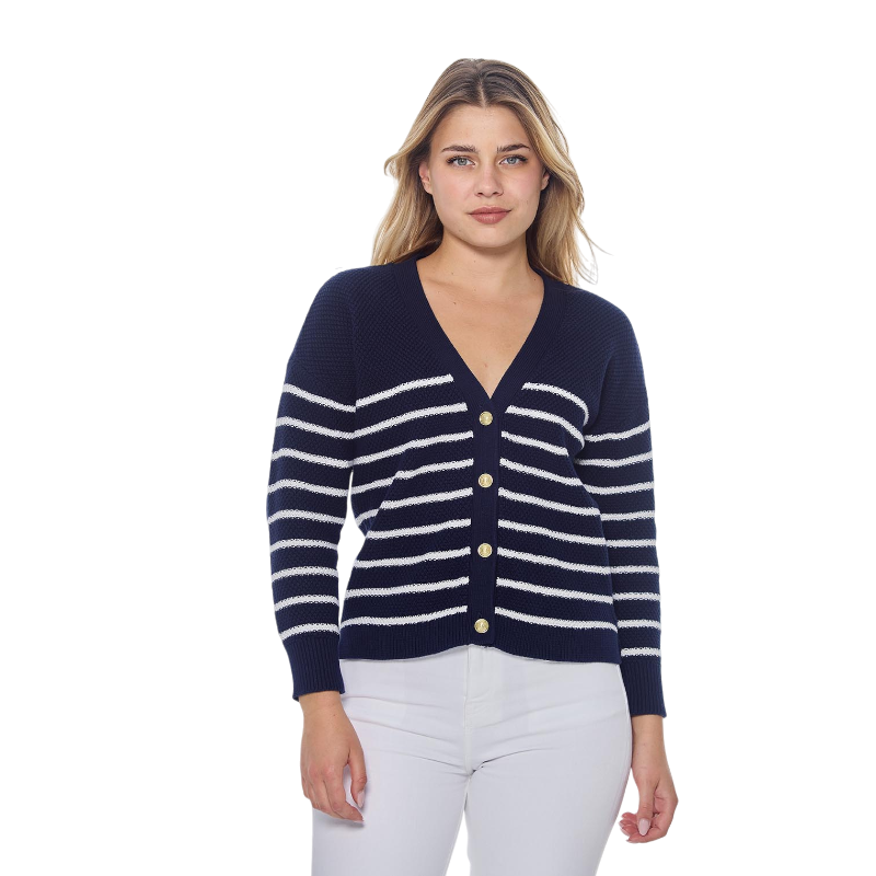Harcour - Cardigan manches longues femme Camelia marine/ blanc