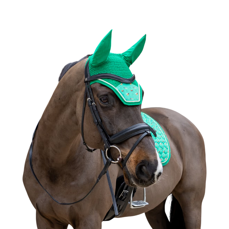 Kentucky Horsewear - Bonnet pour chevaux Wellington Velvet anti-mouches imprimé cheval vert