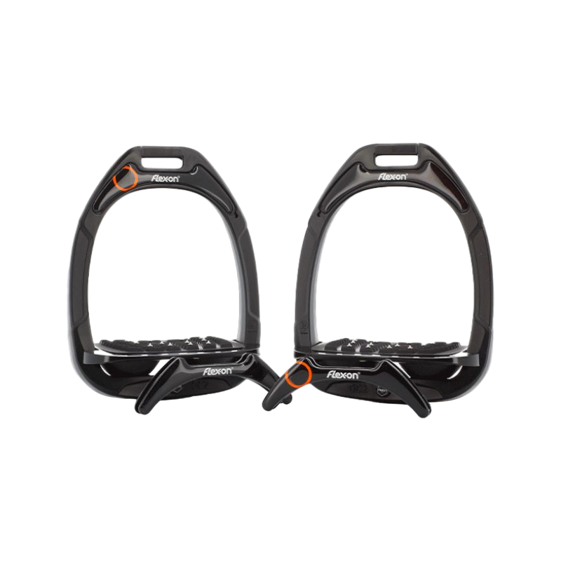Flex On - GC Inclined Ultra Grip Stirrup Pack Black / Black / Black + Ohlala stickers black/orange