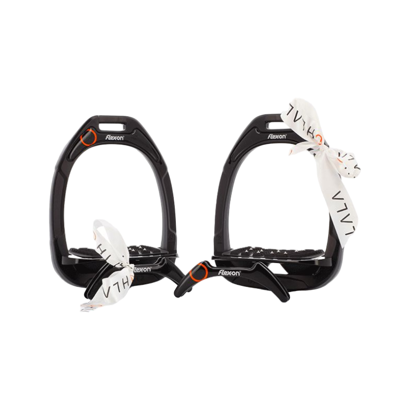 Flex On - GC Inclined Ultra Grip Stirrup Pack Black / Black / Black + Ohlala stickers black/orange