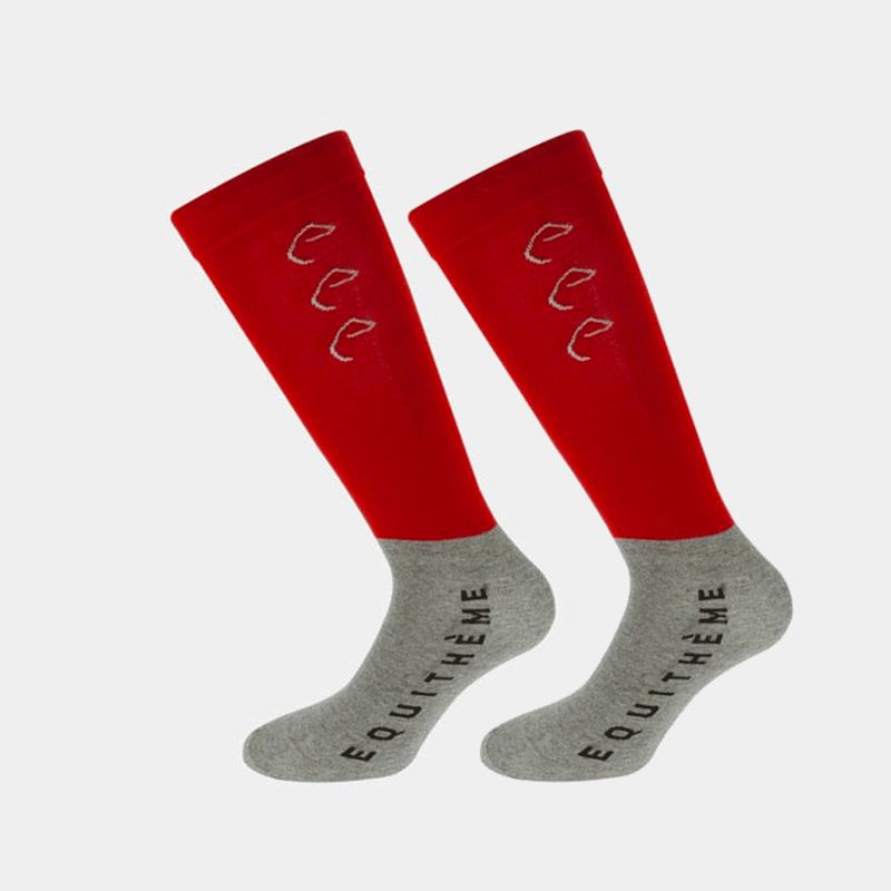 Equithème - Chaussettes d'équitation Compet rouge/gris (x2) | - Ohlala