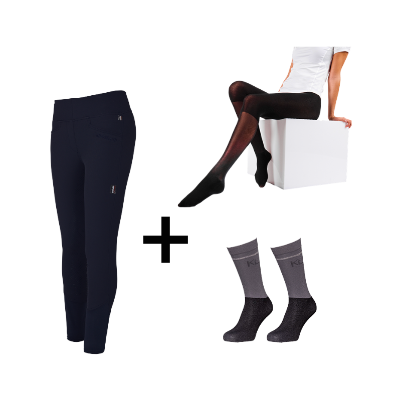 Kingsland - Pack Legging d'équitation femme KLKatja W E-Tec F-Grip marine + Collant thermique femme Smart Layer noir + Chaussettes d'équitation KLVidalia Show pack (x3) offerts | - Ohlala